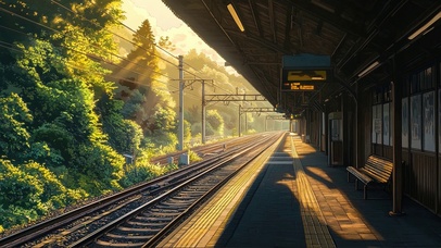 静谧绿色无人火车站台