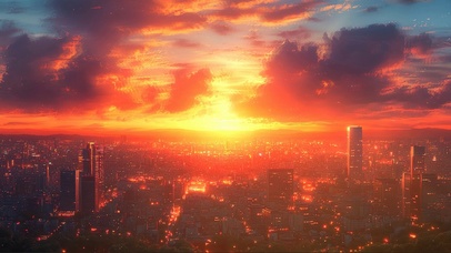 俯瞰落日都市天际线