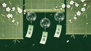 竹帘绿色系玻璃心愿风铃