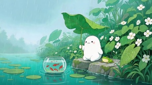 雨天池塘边的小白