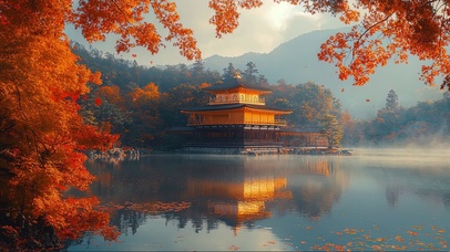 秋日湖泊古风建筑