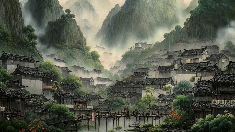 国风古风山水插画，云雾缭绕的青绿山峰下，黑瓦白墙古民居依山而建，木质栈道跨水相连，整体色调清雅柔和。