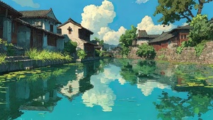 蓝天白云古城水乡夏日