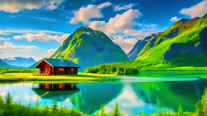 绿色护眼郊外唯美小木屋