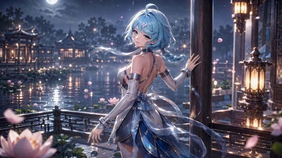 月夜古风庭院蓝发美少女