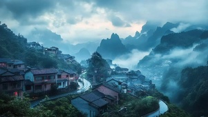 青山阴天山脚古城小镇