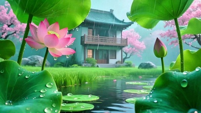 治愈雨中荷塘4K