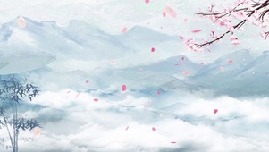 中国风清新山间云雾弥漫花瓣飘洒