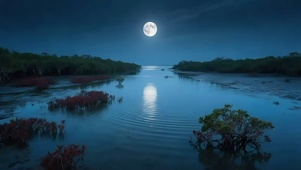 静谧月下红树林滩涂