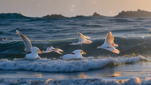 海浪海鸥风景图