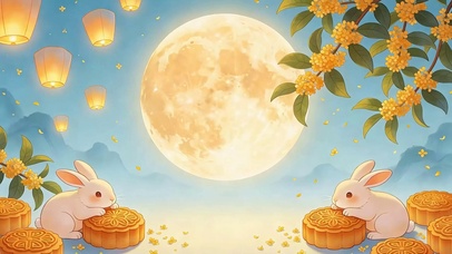 中秋夜景吃月饼