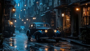 复古蓝调雨夜后巷汽车