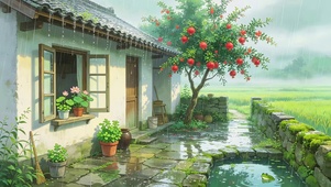 雨天的石榴树