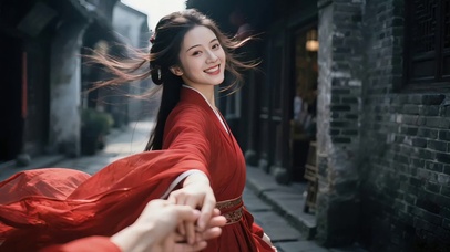 牵手红衣女孩
