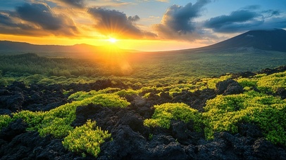 落日火山岛清新绿植