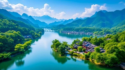 绿色江南古镇山水