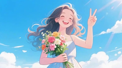 比耶的捧花少女插画