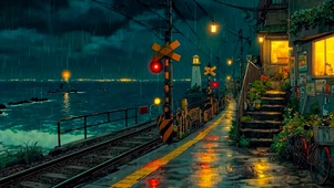 雨夜海岸列车道