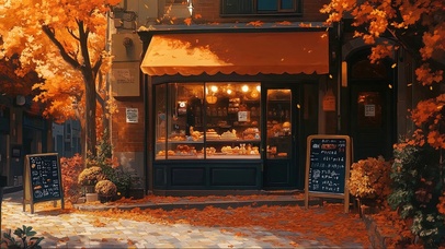深秋城市街角面包商店