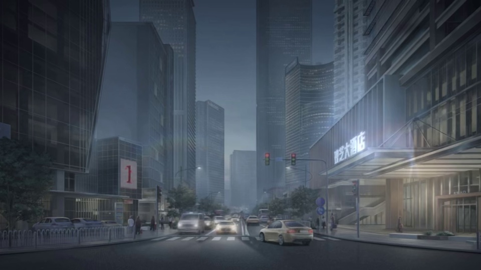 雨雾笼罩的城市商业街，两侧高楼林立，路面车流穿梭，整体呈冷调暗灰色。