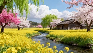 溪水油菜花田
