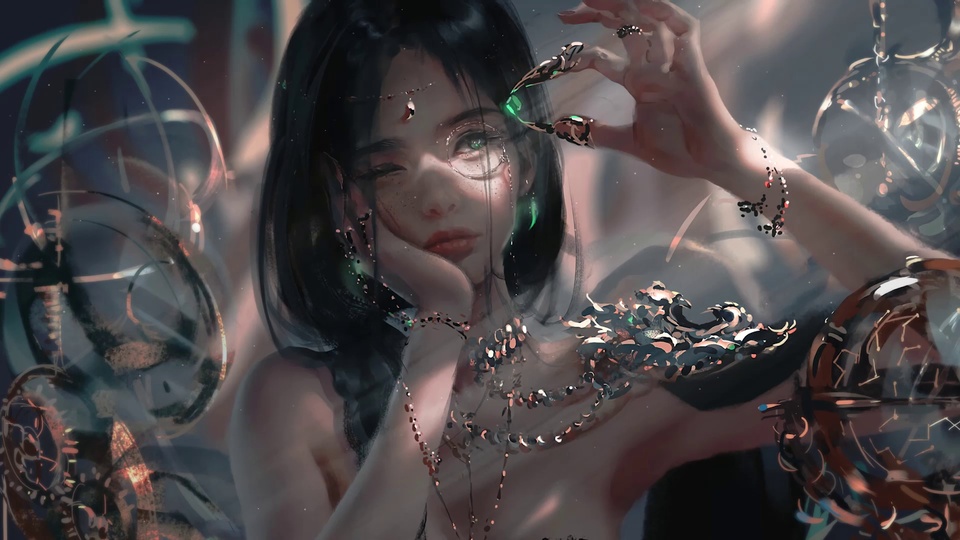 黑长发额间带红坠女性的朦胧特写插画