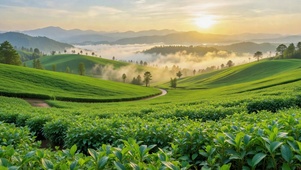 晨雾山间绿野茶园日出风光