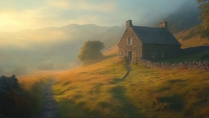 落日迷雾山顶小屋