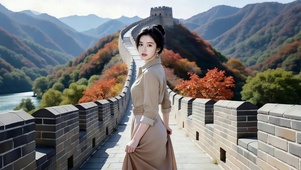 在长城游览风景的美女