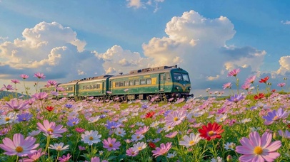 格桑花海中的绿皮火车
