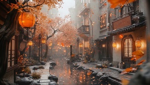 秋日傍晚阴雨静谧小镇