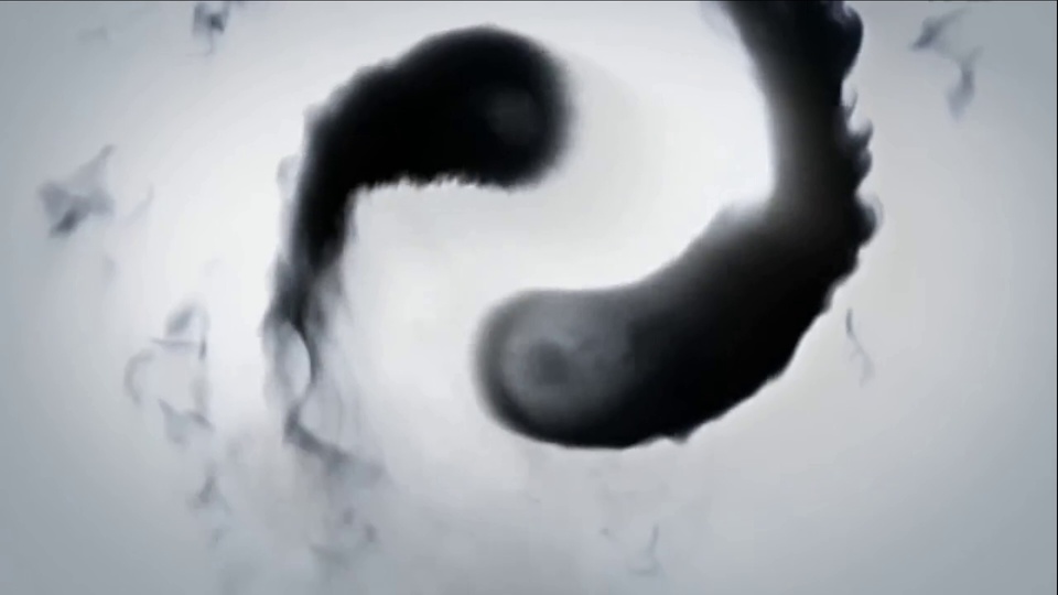 水墨晕染的S形阴阳环形，浅灰白背景散布细碎墨点。