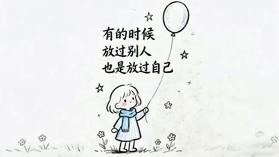 简笔手绘风格手持气球的短发卡通女孩