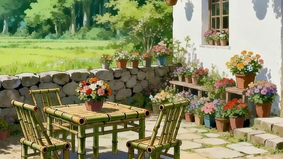 房前树木绿景双屏