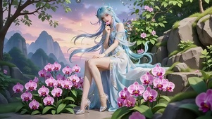 动漫风蝴蝶兰花丛中的古风美女