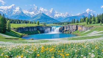 护眼碧潭飞瀑繁花满山