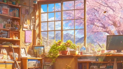 樱花树木房屋带鱼屏