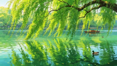 湖面唯美绿色柳树