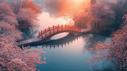 落日樱花湖泊拱桥倒影