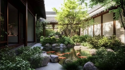 夏日悠然庭院金鱼水池