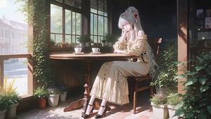 咖啡馆窗边银发美少女绯雪