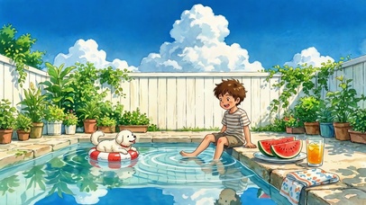 后院泳池边的夏日少年与小狗