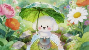 雨天花丛中小狗