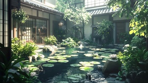 夏日清新绿色庭院池塘