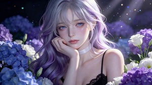 绣球花丛中的紫发少女