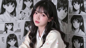漫画墙前的少女