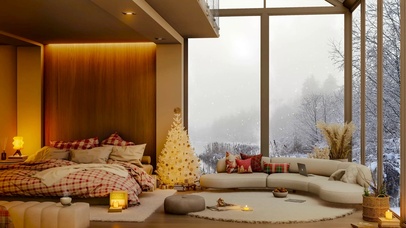 湖边冬雪温馨木屋