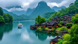 绿色古镇山水