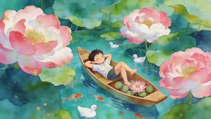 荷花池塘男孩