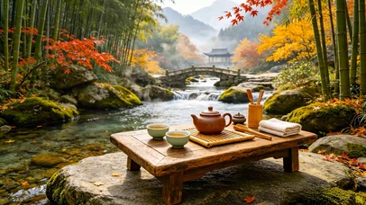 国风山水溪边品茶